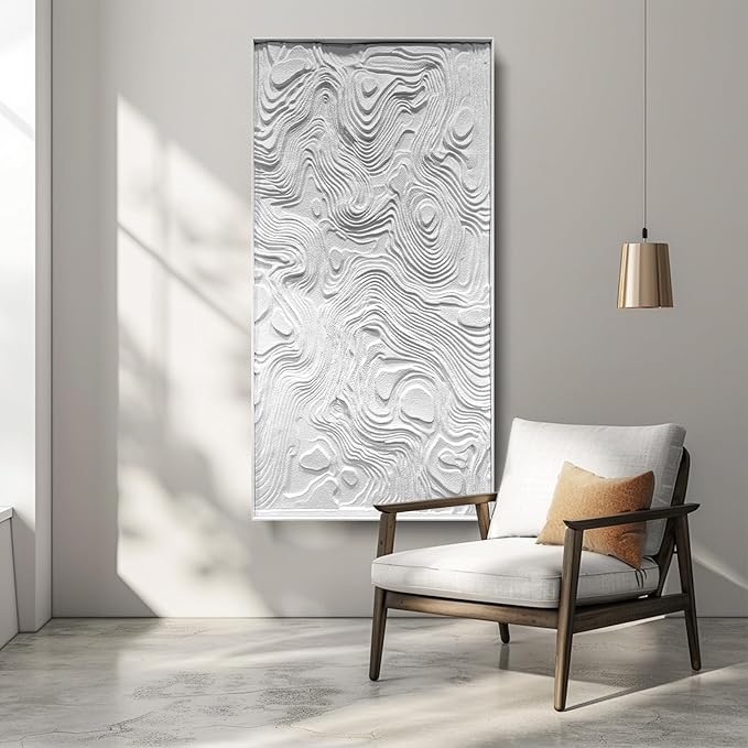 BrightA Large-scale white abstract wall artworks, wood wall decor for living room and office, horizontal wall art three-dimensional relief sandstone hand-painted decorations 23.6"x47.2"