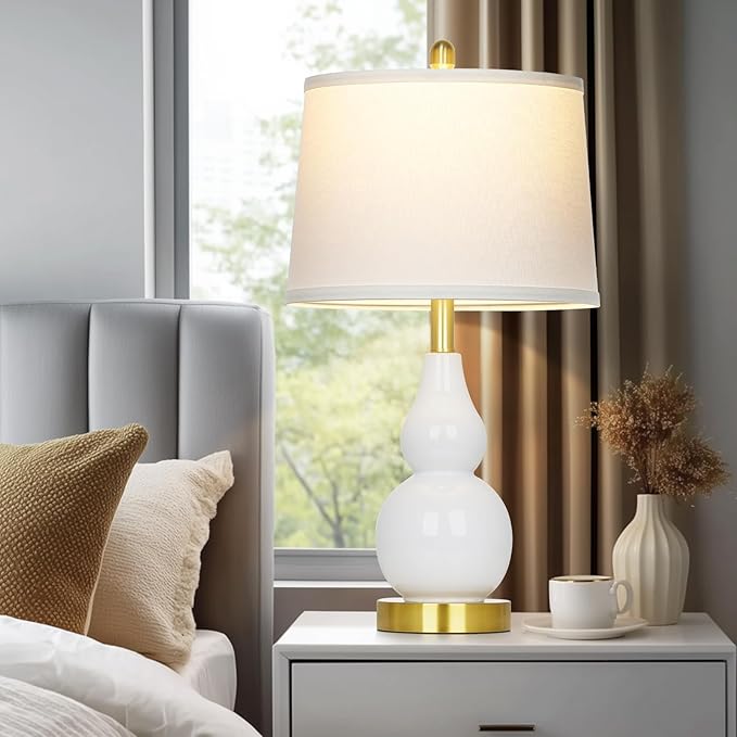 25" Ceramic Table Lamps Set of 2, Modern Double Gourd Ceramic Table Lamp for Living Room, White Rustic Farmhouse Bedside Nightstand Lamp with Fabric Shades for Bedroom Desk End Table Home Office Decor