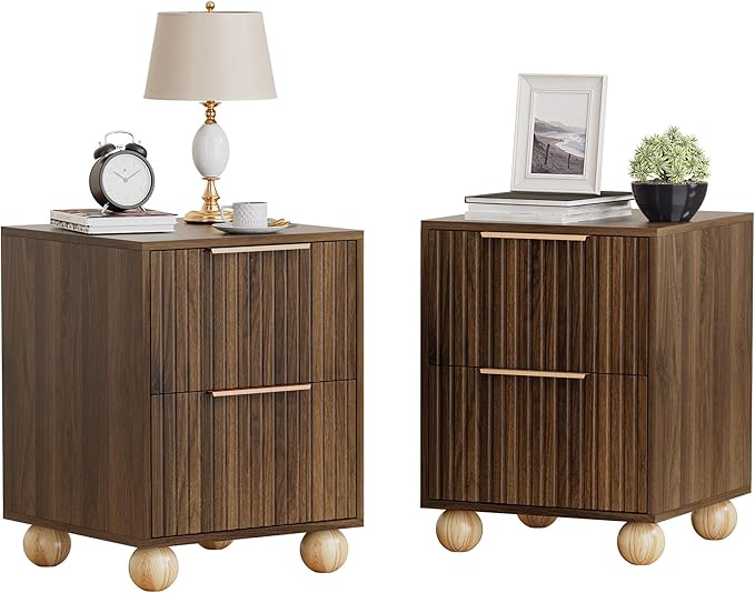 Fluted Nightstand Set of 2, Walnut Finish Bedside Table with Spacious Storage Drawers, Night Stand with Solid Wood Round Legs for Bedroom, End Table, Side Table