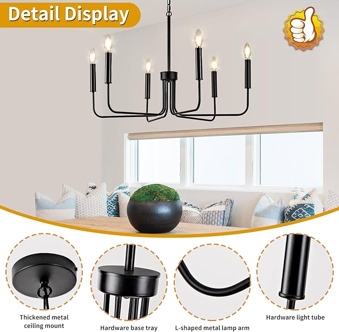 Farmhouse Candle Chandelier, 6 Light Rustic Black Ceiling Pendant Light Fixture, L-Arm Design Industrial Dining Room Hanging Lighting for Living Room, Entryway, Foyer, Kitchen Island