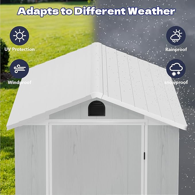 Greesum 4x8FT Plastic Storage Shed with Floor, Resin Outdoor Storaged Sheds with Lockable Door, All Weather Durable Tool Shed with Window and Vent, for Garden, Backyard, Patio, Light Gray