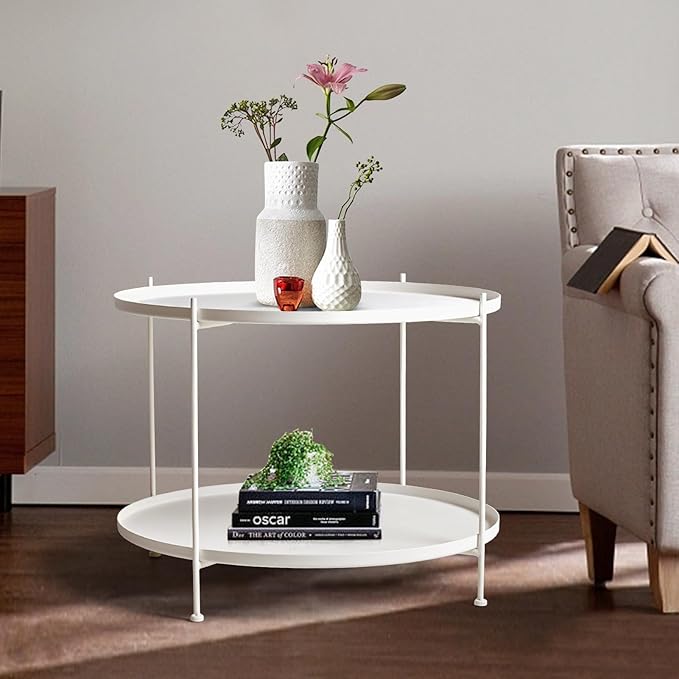 Modern Metal Table,Round Coffee Table with Storage Indoor/Outdoor, Coffee Tables for Living Room (White, 2-Tier 27.6")