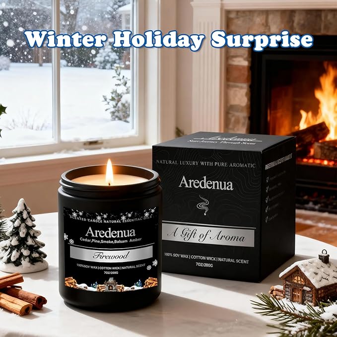 Firewood Candle – Winter Candles | Holiday Scented Candles, 7oz Jar Soy Candle for Home Scented - 50H Burn - Smoky Fireplace Cozy & Warm Scent, Christmas Gifts for Women & Men, Rustic Holiday Décor