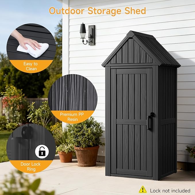Outdoor Resin Storage Shed, Outdoor Storage Cabinet Waterproof with Hooks and Lock Ring, Multifunctional Storage Shed with Floor and Removable Shelves, All Weather Tool Shed for Patio, Lawn, Gray
