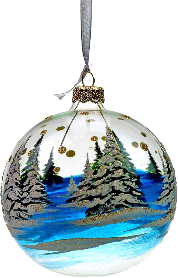 4" Christmas Tree Glass Ball, Christmas Motives on a Transparent Background Hand-Painted by Skilled Artisian, Set of Christmas Ornaments in a Wooden Box, Set of 6