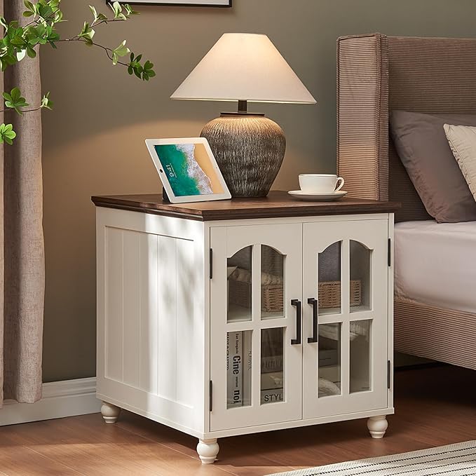 Farmhouse End Table with Charging Station,24" Large Sofa Side Table with Glass Barn Door,Rustic Wood Night Stand with Adjustable Storage Shelf,Square Bedside Table for Living Room,Bedroom Office