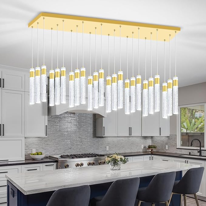 Glam Rectangular Crystal Column Chandelier for High Ceiling 24-Lights Gold LED Dimmable Pendant Light for Kitchen Island Dining Room Entrance Foyer Living Room Adjustable Height