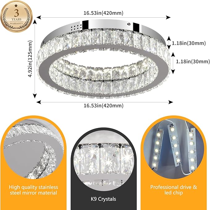 Buccleuch Mini Crystal Chandelier, 16.5" LED Flush Mount Ceiling Light, UL-Certified K9 Crystal Fixture for Living Room Bedroom Hallway Staircase Bar Kitchen, 6500K Cool White