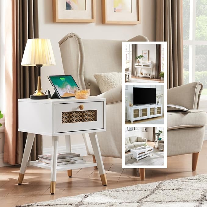 Small White Side Table for Living Room & Bedroom, Boho Nightstand with USB Ports & Outlets, Storage Drawer & Open Shelf, Mid Centry Style Furniture for Home Decor