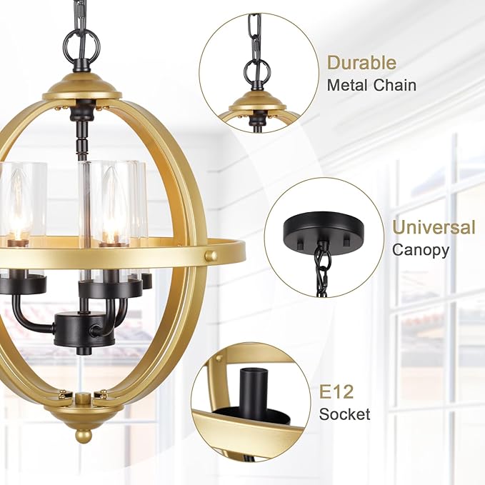 Treekee Rustic Chandelier, 14" Gold Glass Cover Luxurious Hanging Light, 3-Light Globe Vintage Pendant Ceiling Light Fixtures for Living Room Entryway Dining Room