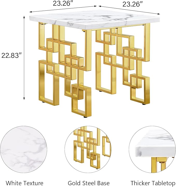 AUZ Gold End Table, Modern Square Living Room Side Table with White Top and Gold Mirrored Metal Geometric Base