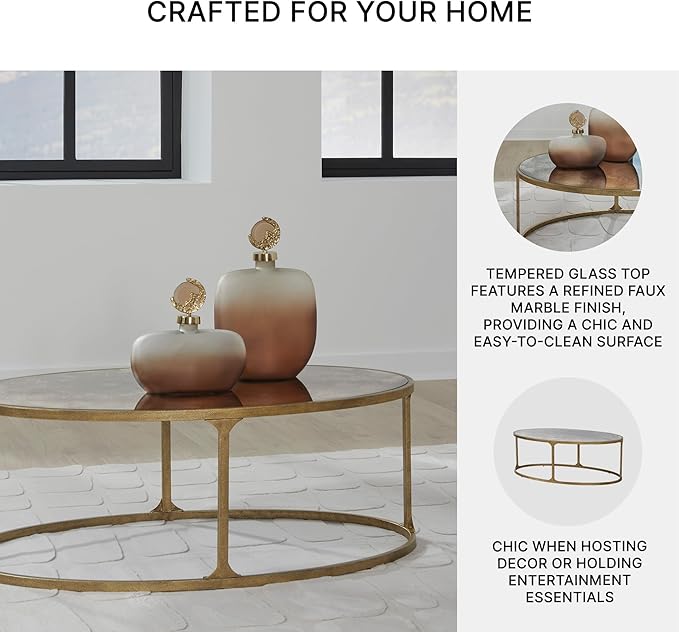 Signature Design by Ashley Korajane Transitional Metal Coffee Table with Tempered Glass Top, Metallic