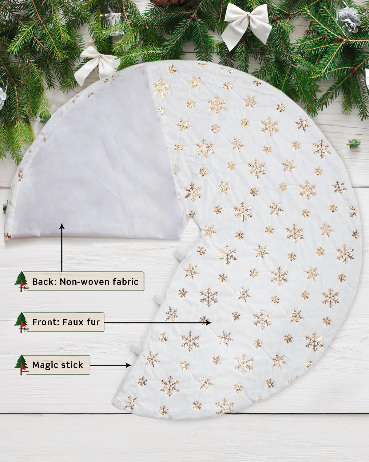 COOLWUFAN 72 Inches Christmas Tree Skirt for Xmas Tree Holiday Party Decoration White Plush Gold Sequin Snowflake (Gold)