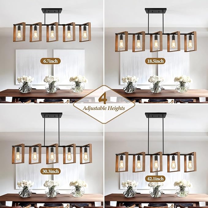 53’’ Farmhouse Kitchen Island Lighting, 5-Light Adjustable Dining Room Light Fixtures, Rustic Wood Chandeliers Black Hanging Light Fixtures for Kitchen, Pool Table Lights, Bulbs Not Included