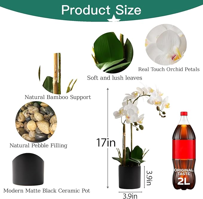 17" Fake White Orchid Flowers in Ceramic Pot,Real Touch Orchids Artificial Flowers Potted Plant,Faux Phalaenopsis Flowers Potting for Home Wedding Table Centerpiece Bathroom Office Decor