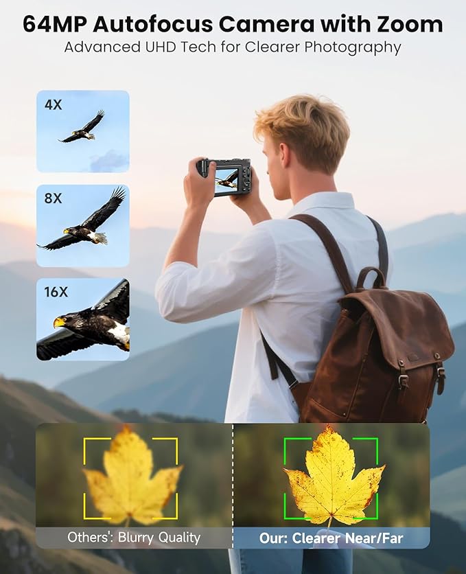 4K Digital Camera for Photography, WiFi Autofocus 64MP Vlogging Camera for YouTube, 180° 3" Flip Screen 30FPS Video Cameras with Flash Anti-Shake 16X Zoom 32GB Card, Compact Travel Digital Camera