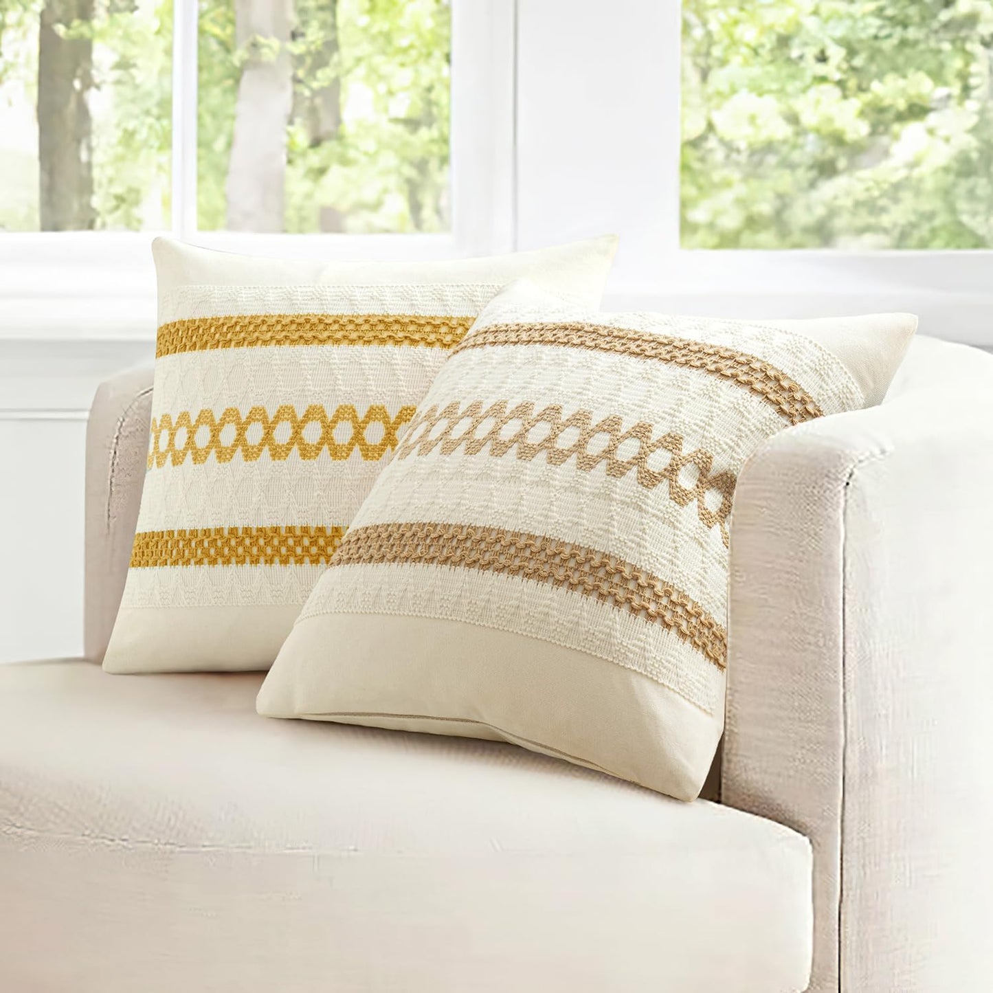 MIULEE Set of 2 Mustard Yellow Boho Decorative Pillow Covers 16x16 Inch Farmhouse Rustic Couch Throw Pillows Modern Cotton Cushion Covers Retro Cute Macrame Woven Home Decor for Bed Sofa Chair