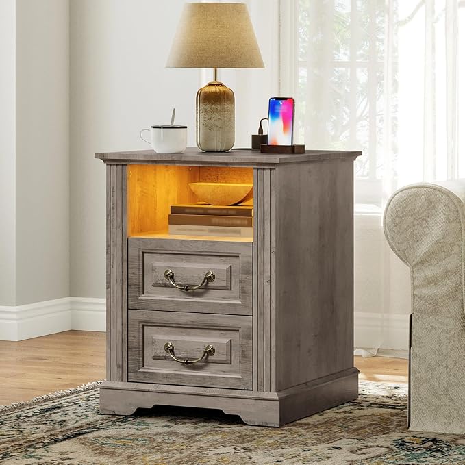 Farmhouse Nightstand with Charging Station, Wooden Night Stand with 2 Drawers, LED Bedside Table, Rustic Sofa Side Table, End Table for Bedroom, Living Room, Greige