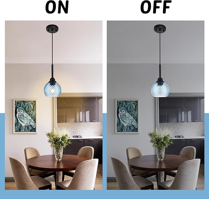 3 Pack Dining Room Light Fixture with Blue Striped Swirl Globe Glass, Stylish Kitchen Island Hanging Pendant Light Black for Bar Hallway Bedroom, 1-Light