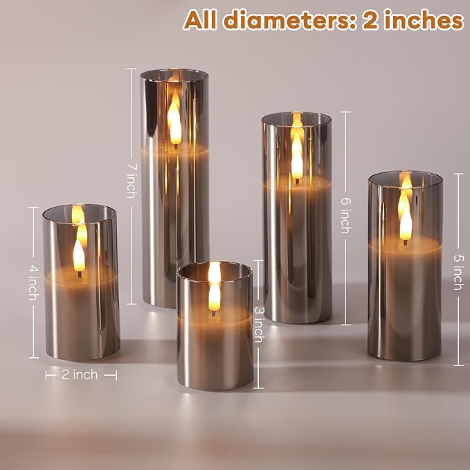 Grey Glass Flameless Candles with Remote Batteries, Flickering Slim Christmas LED Pillar Candles Set of 5