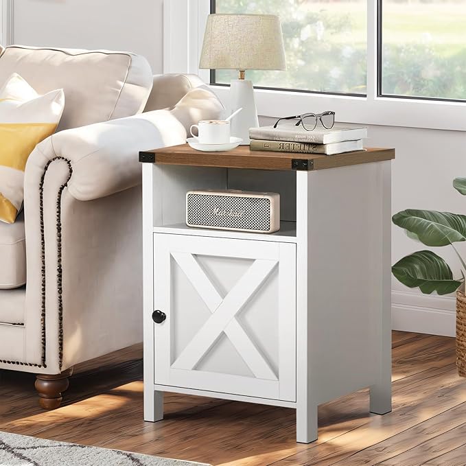 Catrimown Farmhouse End Table, Nightstand Set of 2, Rustic Night Stand with Barn Door and Storage Shelf, White End Table, Side Table for Bedroom Living Room, Cream White