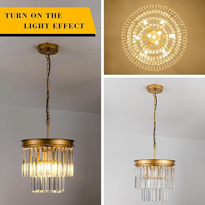 Gold Crystal Pendant Light 11.8" 3-Light Modern Round Chandelier Fixture 2-Tier Luxury Crystal Ceiling Hanging Light for Dining Room Hallway Living Room Bedroom Kitchen Island 1-Pack