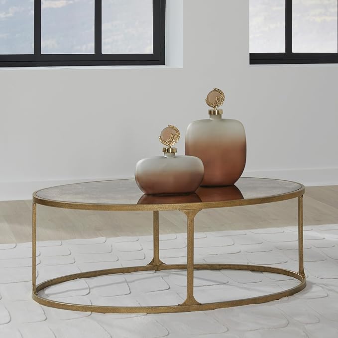 Signature Design by Ashley Korajane Transitional Metal Coffee Table with Tempered Glass Top, Metallic
