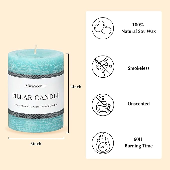 3x4 Inch Turquoise Pillar Candles Set of 3 - Unscented Candles, Long Clean Burning, Large Big Candles, Smokeless Dripless Pillar Candles for Dinner Table, Wedding, Home, Bathroom, Rustic Decor