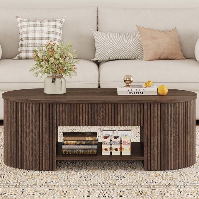 FATORRI Coffee Table with Storage, Mid Century Modern Wood Fluted Center Table with Shelf, Oval Coffee Tables with Drawer (Dark Walnut, 43.31 Inch)