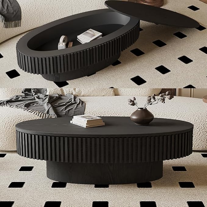 WILLIAMSPACE 47.2" Oval Coffee Table with Storage, Modern Drum Center Table with Solid Wood Veneered, Accent Side Tea Table for Living Room Apartment, Black