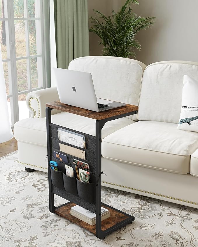 C-Shaped End Table with Storage Bag, Small Couch Side Table, Sofa TV Tray Table for Living Room, Bedroom, Bedside ET-P-BRW1