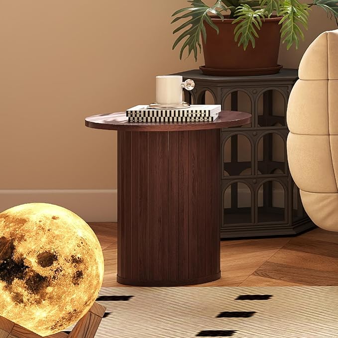 COSVALVE Round Wood Fluted End Table, 15.7“ Circle Farmhouse Side Table Sets for Living Room, Bedroom, Balcony, Small Spaces, Walnut