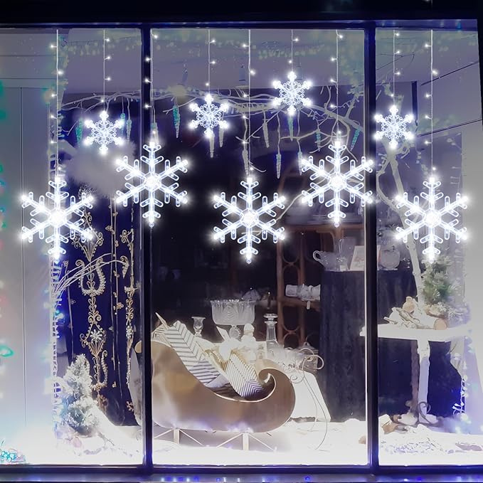 Christmas Snowflake Lights Decorations, 5.3FT Remote&Time 8 Light Mode with Battery Powered 112 White LED Window Curtain Lights for Tree, Eaves, Garden, Yard, Indoor Outdoor Xmas Lamp Decor
