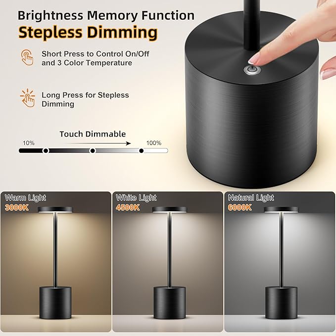 Cordless Table Lamps Rechargeable - Outdoor Portable LED Table Light 5000mAh Battery Operated Lamp 3 Color Stepless Dimming with Memory Function for Restaurant Dining Patio 2Pack Black