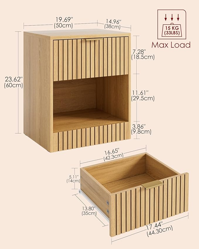 Tall Nightstand Extra Large Nightstand, Modern Night Stand, Bedside Table with Drawer and Open Shelf, Cube Design, Side Table for Bedroom, Living Room, Oak