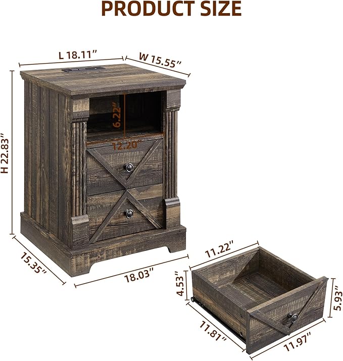 Nightstand with Charging Station, Rustic 18 Inch Farmhouse End Table with Barn Door, Wood Sofa Side Table with 2 Storage Drawers for Living Room, Bedroom, Entryway(Dark Rustic Oak)