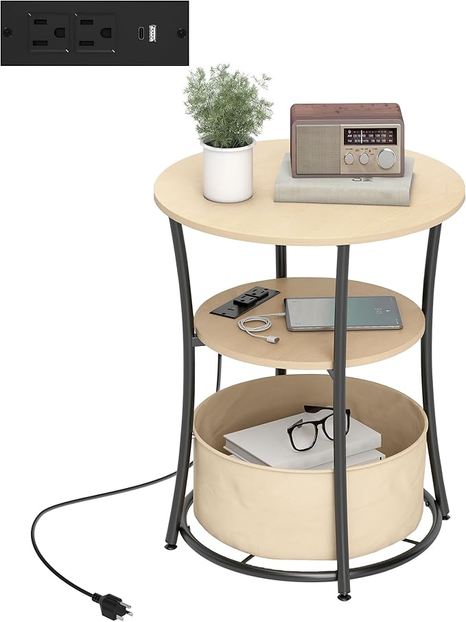 HOMCOM Round Side Table with Charging Station, 3-Tier End Table with Fabric Storage Bag, Shelf and Steel Frame for Living Room, Natural Wood