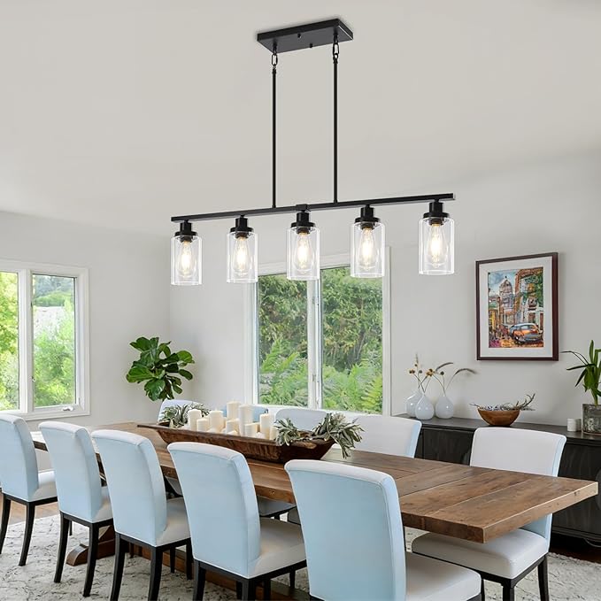 Modern Island Lights for Kitchen Black Dining Room Light Fixtures Over Table 5-Light Farmhouse Linear Chandelier Adjustable Hanging Kitchen Lights Ceiling Clear Glass Pendant Lighting Over Island