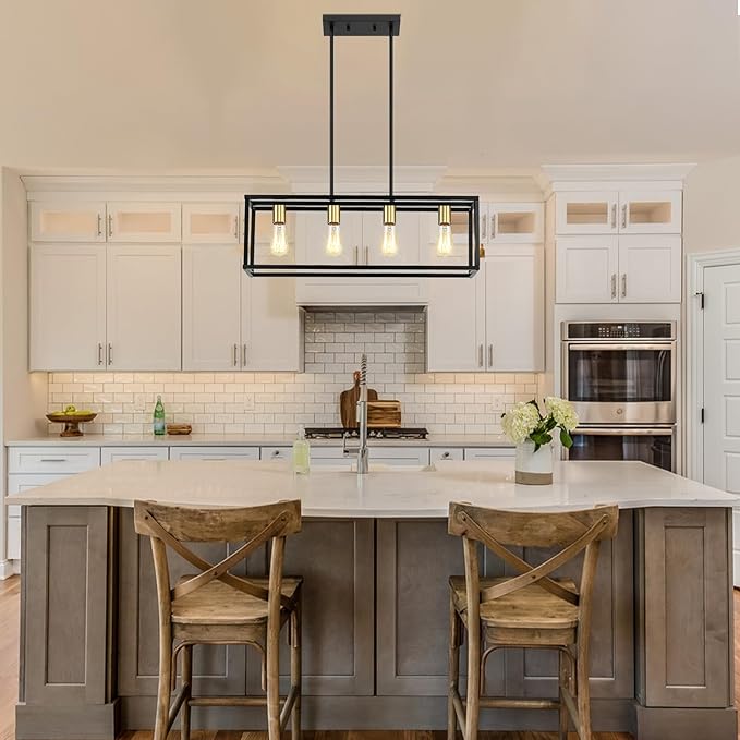 4-Light Dining Room Light Fixture,Black Farmhouse Kitchen Island Lighting,Rustic Pendant Light Over Table with Adjustable Rods,Modern Linear Chandeliers for Dining Room Kitchen Island