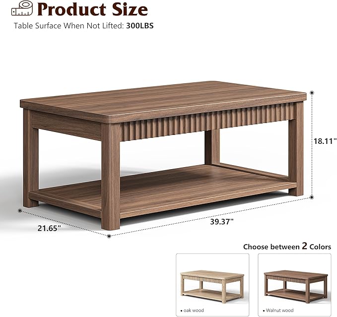 Coffee Table, 39 Inch Modern Coffee Tables for Living Room with 2-Tier Storage & Wave-Edge, Walnut Center Table for Bedroom/Office