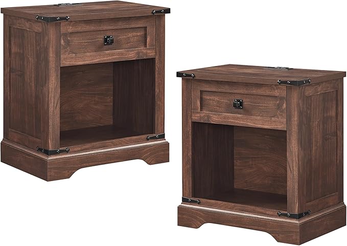 T4TREAM 24" Farmhouse Nightstand with Charging Station Set of 2, Large End Table with Drawer and Open Storage Cabinet, Rustic Wood Bedside Table Sofa Table for Bedroom, Dark Walnut