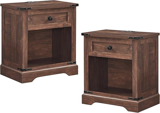 T4TREAM 24" Farmhouse Nightstand with Charging Station Set of 2, Large End Table with Drawer and Open Storage Cabinet, Rustic Wood Bedside Table Sofa Table for Bedroom, Dark Walnut