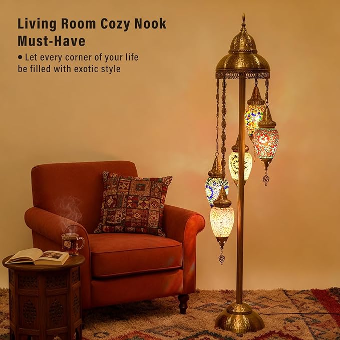 Turkish Floor Lamp, 154CM Moroccan Bohemian Style Living Room Decor, Handcrafted Mosaic Metal Base, Includes 5 Olive Shape Lampshades (XGL Floor-01)