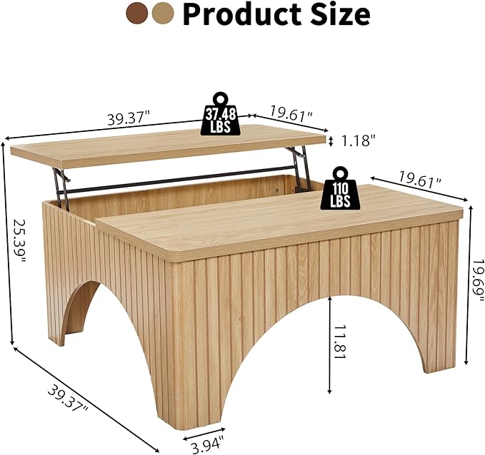39'' Square Coffee Table with Storage, Farmhouse Lift Top Coffee Table for Living Room Fluted Wood Center Table Arched Dining Table with 2 Hidden Storage Compartment (Natural)