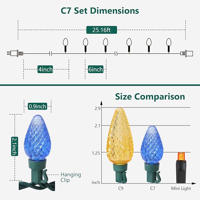 2-Set C7 Led Christmas String Lights, 25.16ft 50 LED Waterproof Decorative Light Strand, Extendable Green Wire String Lights for House, Christmas Tree, Patio, Party Decoration, Multicolor
