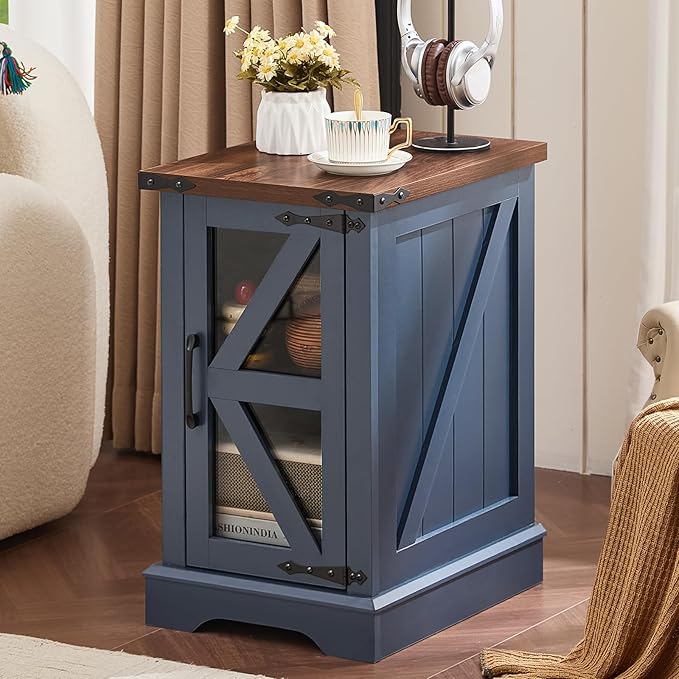Farmhouse 14'' Side End Table Set of 2, Narrow Night Stand with Glass Barn Door, Storage Bedside Tables, Nightstand Cabinet Organizer for Small Spaces Living Room Bedroom