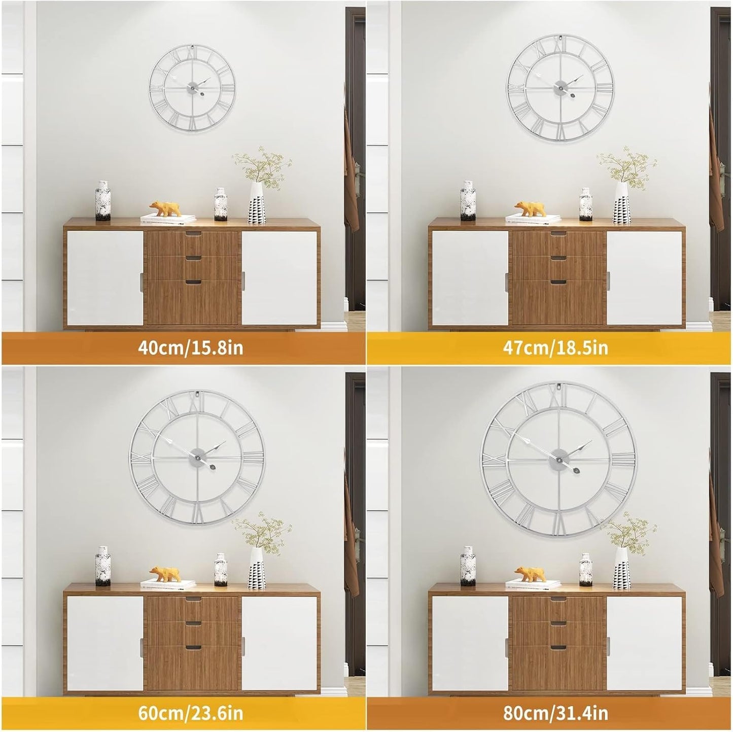 Wall Clock For Living Room Decor - 24 Inch Silent Non-Ticking Decorative Large Wall Clock, Battery Operated Vintage Retro Roman Numerals Metal Silver Wall Clock for Farmhouse, Kitchen, Bedroom Office