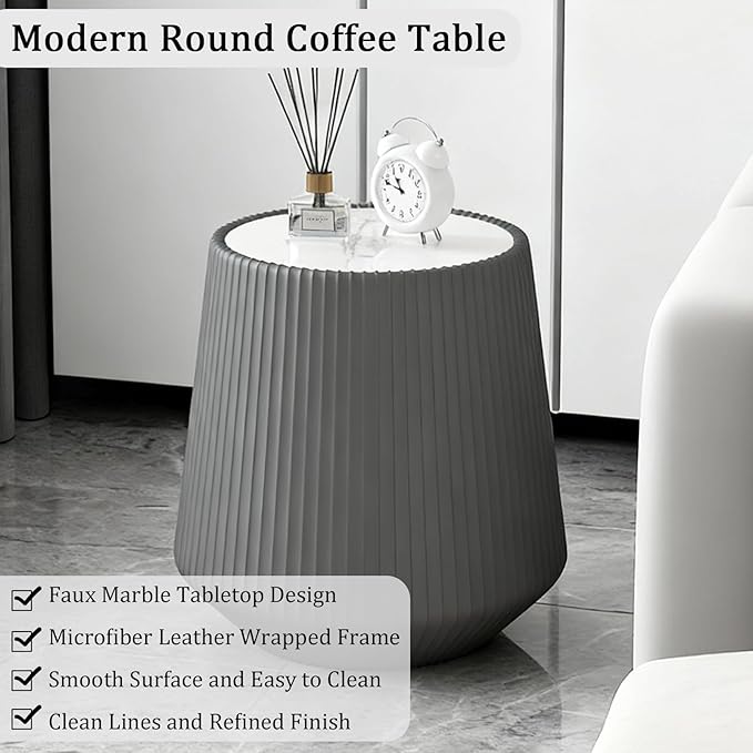 19.68" Grey Round Coffee Table, Drum Coffee Table with Sintered Stone Tabletop and Fluted PU Leather Covered and Stable Base, Circle Cocktail Tea Table for Living Room