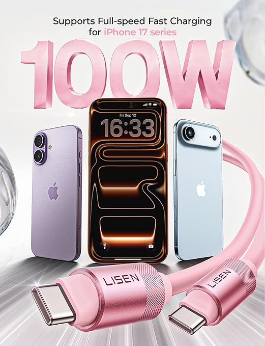 LISEN for iPhone Air 17 Charger Cord USB Cable 10FT, Chubby 100W Soft Silicone USB C to USB C Fast Charging Cable, Long USBC to USBC for iPhone 17 16 15, Samsung S25, MacBook Pro/Air, iPad, Pink