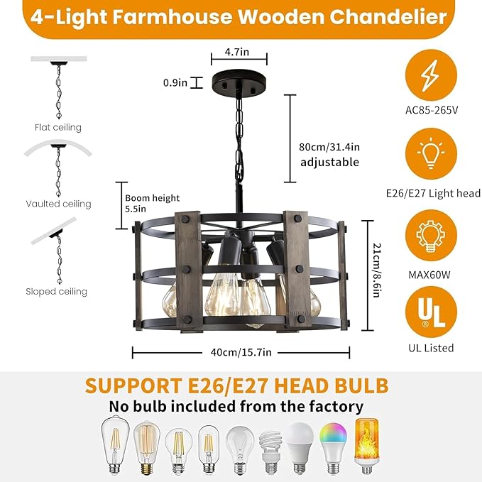 Rustic Farmhouse Chandelier, 4 Lights Pendant Lights Fixture, Adjustable Height, Grey Vintage Wood Hanging Pendant Lighting for Entryway Kitchen Island Foyer Dining Room Living Room Bedroom